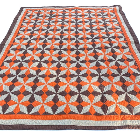 Other - Vintage Handmade Patchwork Quilt Star Geometric Orange Brown Calico 70s Retro
